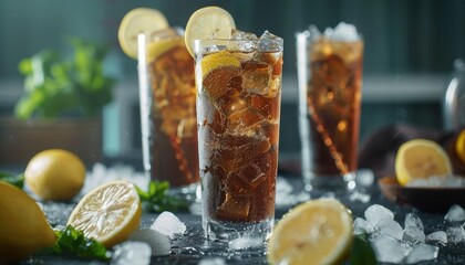 Wall Mural - Classic iced tea served tall with lemon and ice