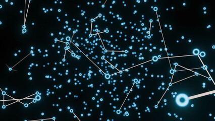 Poster - Chains of molecules in stream. Design. Interweaving of particles in moving stream. Stream of luminous molecules with changing connections of biological chains