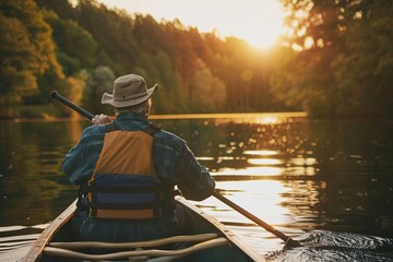 Wall Mural - Elderly retired male enjoying a peaceful moment while canoeing or kayaking on calm waters during late afternoon, nearing dusk, serene scene, contemplative solitude and tranquility