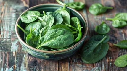 Wall Mural - Fresh spinach leaves in a bowl on a wooden surface