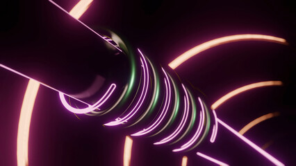 Poster - Glowing lines rotate around pipe. Design. Metal tube with moving spirals of neon and metal tubes. Mechanical part with moving parts and rotating neon tubes