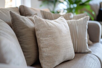Wall Mural - Close up of neutral color pillow cushions arranged on sofa in living room home interior design concept
