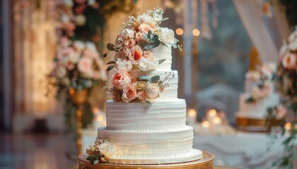 Wall Mural - Floral adorned white cake on gold table at wedding venue