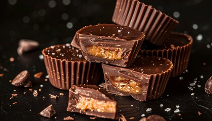 Poster - Closeup of chocolate dessert on black background with peanut butter cups