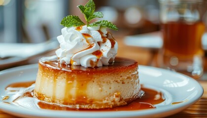 Wall Mural - Flan a popular Spanish dessert with caramel sauce and whipped cream