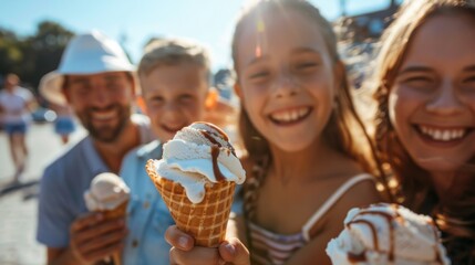 Wall Mural - Close-up of a family enjoying ice cream cones on a sunny day, all smiling and happy