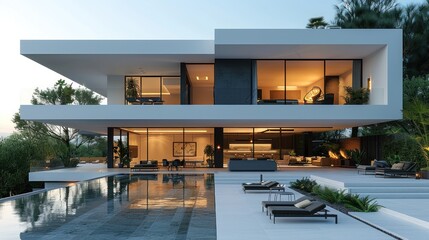 Impressive white modern house with pool.