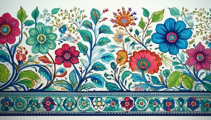 Wall Mural - Indian block print and border with blue, green, red on white with a touch of pink and yellow