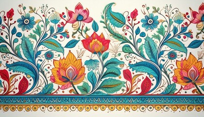 Wall Mural - Indian block print and border with blue, green, red on white with a touch of pink and yellow