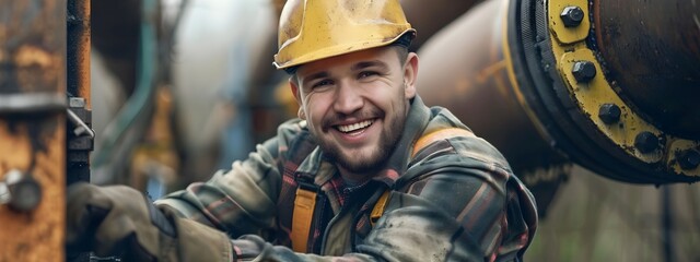 Wall Mural - Cheerful Pipefitter Working on Industrial Equipment and Machinery