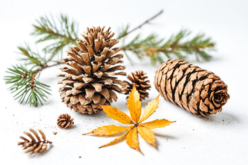 Wall Mural - Autumnal Pine Cones and Leaf on White Background