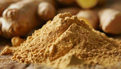 Poster - Ginger crushed into powder Background of ginger powder Heap of ground ginger