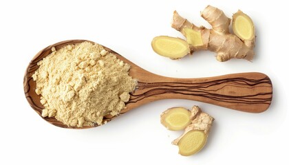 Wall Mural - Ginger powder in a spoon isolated on white top view