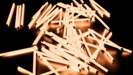 Fototapete - Glowing 3d sticks are falling. Design. Neon lamps fall on surface of 3D space. Glowing neon lights in pile on surface
