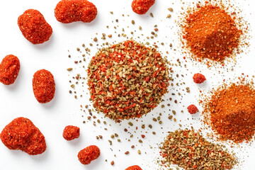 Canvas Print - Red Chili Peppers and Spices on White Background