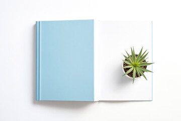 Wall Mural - Blue Book with a Cactus Plant on a White Background