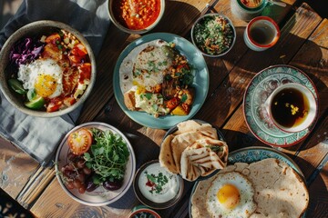 A scene of a wooden table topped with a variety of delicious dishes, perfect for enjoying a hearty meal.

