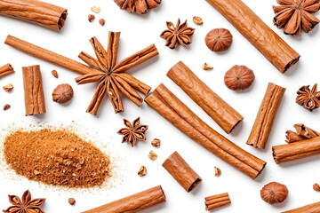 Canvas Print - Cinnamon sticks, star anise and ground cinnamon isolated on white background