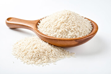Poster - White rice in wooden spoon on white background