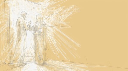 Wall Mural - Annunciation Scene with Angel Gabriel and Mary, Divine Light, Biblical Illustration, Beige Background, Copyspace