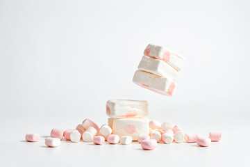 Wall Mural - Marshmallow Stack and Scatter on White Background