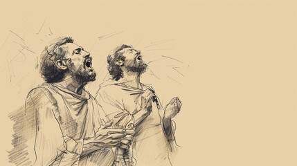 Wall Mural - Singing Paul and Silas in Jail, Earthquake Breaking Chains, Biblical Illustration, Beige Background, Copyspace