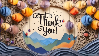 Wall Mural - Paper art of thank you card calligraphy hand lettering hanging with colorful balloons