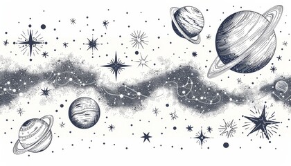 Hand-drawn space illustration depicting planets, stars, and galaxies in a whimsical black and white style.