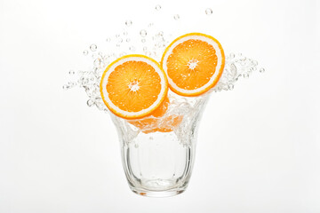 Sticker - Orange Slices Splashing into Glass with Water