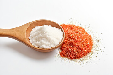 Poster - Salt, pepper and paprika in wooden spoon on white background