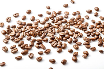 Poster - Roasted Coffee Beans Scattered on White Background