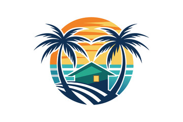 Sunset Estate Logo holiday beach with tree palm and home vector illustration 