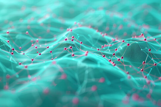 Vibrant vector landscape with bright turquoise wireframe and maroon plexus nodes.