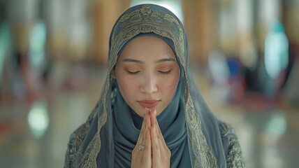 Asian beauty wearing a headscarf prays every day, demonstrating her belief in God.