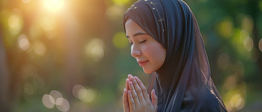 Asian beauty wearing a headscarf prays every day, demonstrating her belief in God.