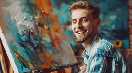 Joyful Young Male Passionately Painting on Vibrant Abstract Canvas in Creative Studio