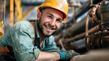 Wall Mural - Portrait of a Smiling Pipefitter in Industrial Worksite