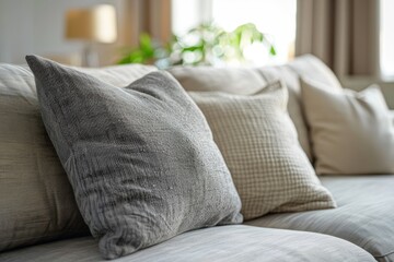 Wall Mural - Grey cushion on cozy sofa with pillow on casual couch in living room