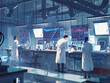 © Natthagun - A modern laboratory with scientists in white coats conducting research, using advanced equipment and analyzing data on large screens, cartoon style