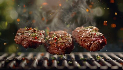 Sticker - Grilled beef steaks tumbling onto grill Visual representation of cooking meat or barbeque