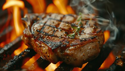 Wall Mural - Grilled pork chop with fire in background check my set for more picnic and party scenes