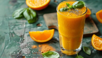 Wall Mural - Healthy orange smoothie and ingredients on wooden table