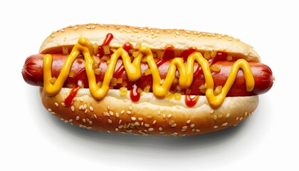 Wall Mural - Mustard topped hot dog seen from above on a white background