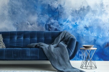 Wall Mural - Navy blue sofa with gray blanket and metal side table with dish on top against watercolor wall in modern living room Photo