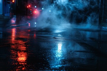 Wall Mural - Neon lights reflect on wet asphalt searchlight cuts through smoke in dark empty street Night city scene with abstract light and smog