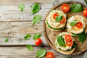 Wall Mural - Nutritious snack with rice cakes hummus spinach and tomatoes on wooden surface