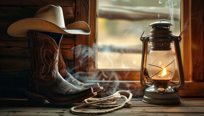 Old wooden barn with vintage kerosene lantern Western cowboy gear and soft window light in smoke near roping boots