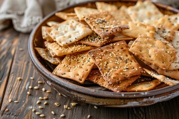 Canvas Print - Organic crispy flatbread crackers with sesame and salt on wooden plate