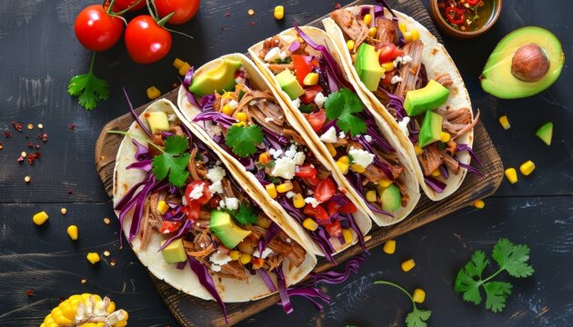 Overhead shot of tacos with pulled pork red cabbage tomatoes corn feta and avocados