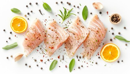Wall Mural - Pangasius fish fillet and spices on white background